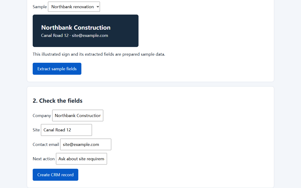 Construction lead capture software with fictional sign details and editable review fields
